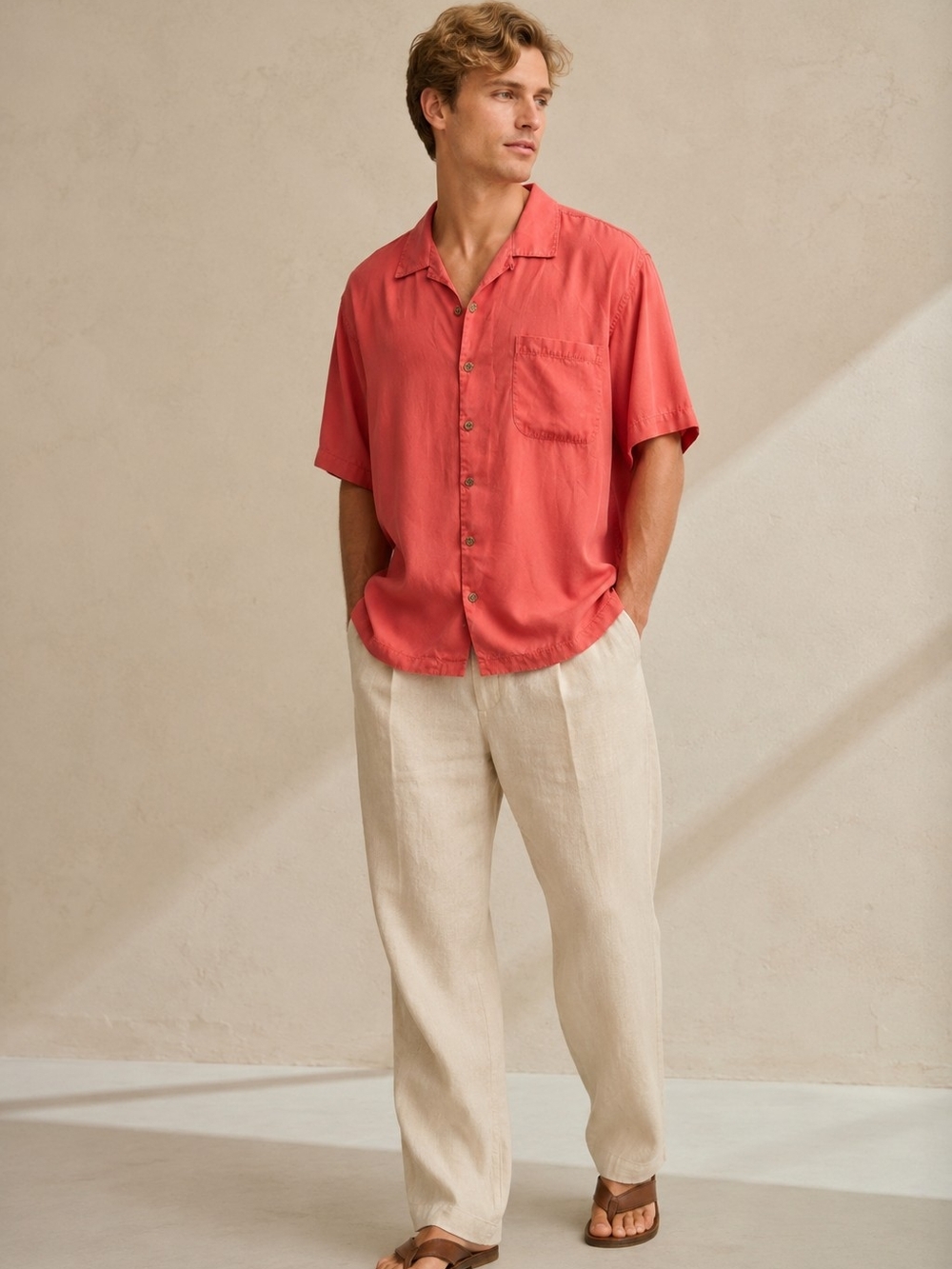 Tommy Coral Men's Silk Button Up Shirt Short Slevees Resortwear Mediterranean